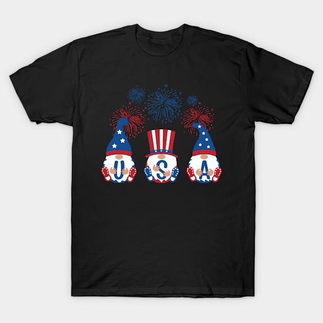 Three Gnomes Celebrating Independence USA Day 4th Of July T-Shirt by ElisamaAmarezw